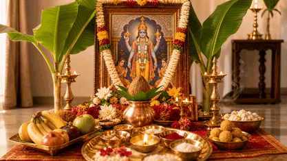 Satyanarayan Puja altar with Vishnu puja thali, kalash, fruits, flowers, prasad and diya lamps for Bangalore families